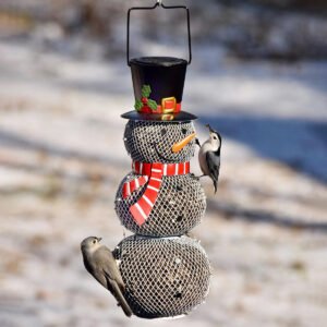 Solar Snowman Metal Mesh Bird Feeder