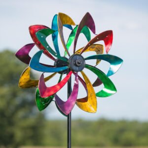Solar Lighted LED Flower Metal Wind Spinner with Bi-Direction Rotors