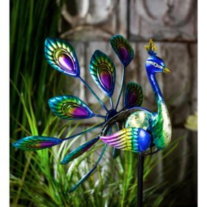 Palm Beach Wind Spinner, Solar Staked Peacock Staked Wind Spinner, 37"H