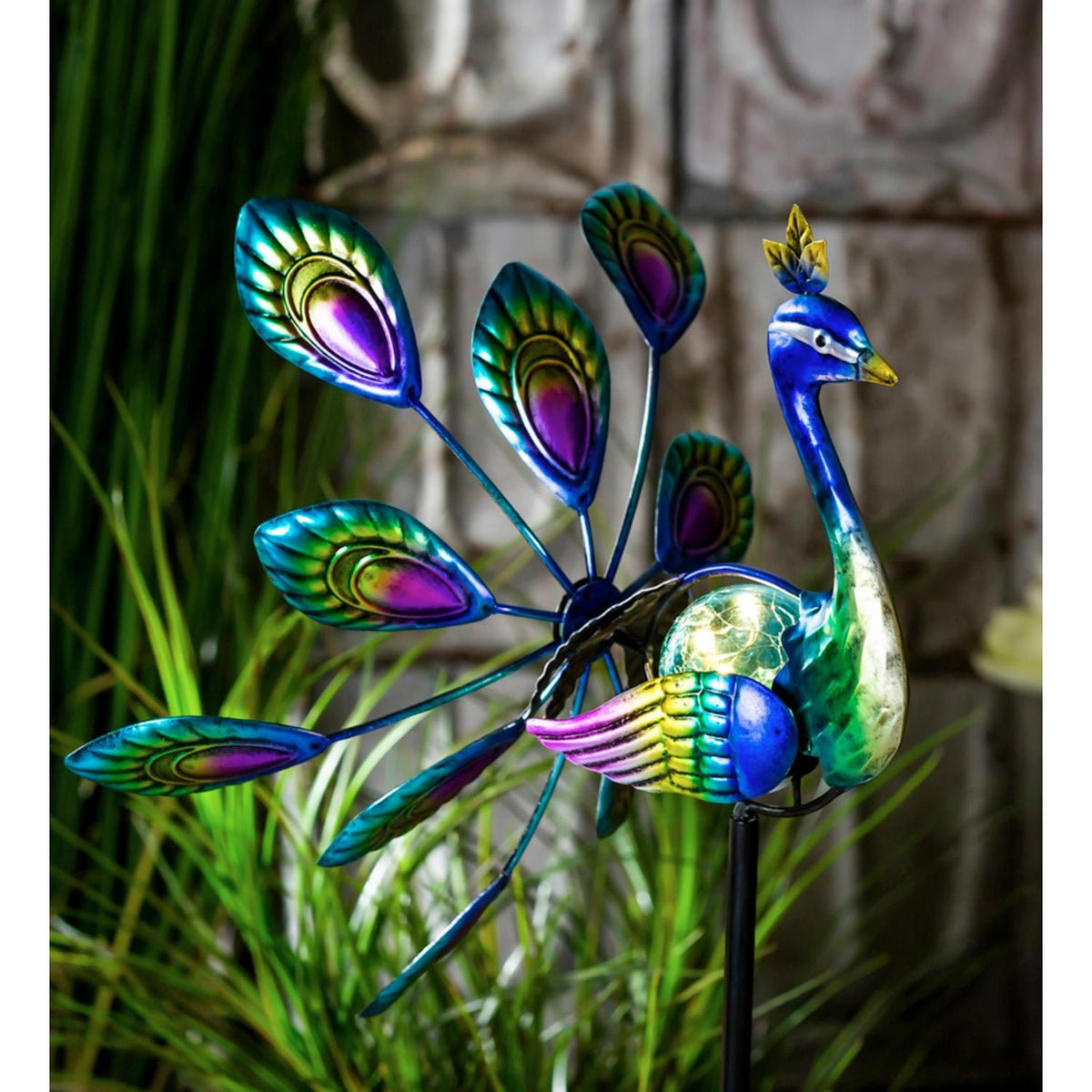 Palm Beach Wind Spinner, Solar Staked Peacock Staked Wind Spinner, 37"H