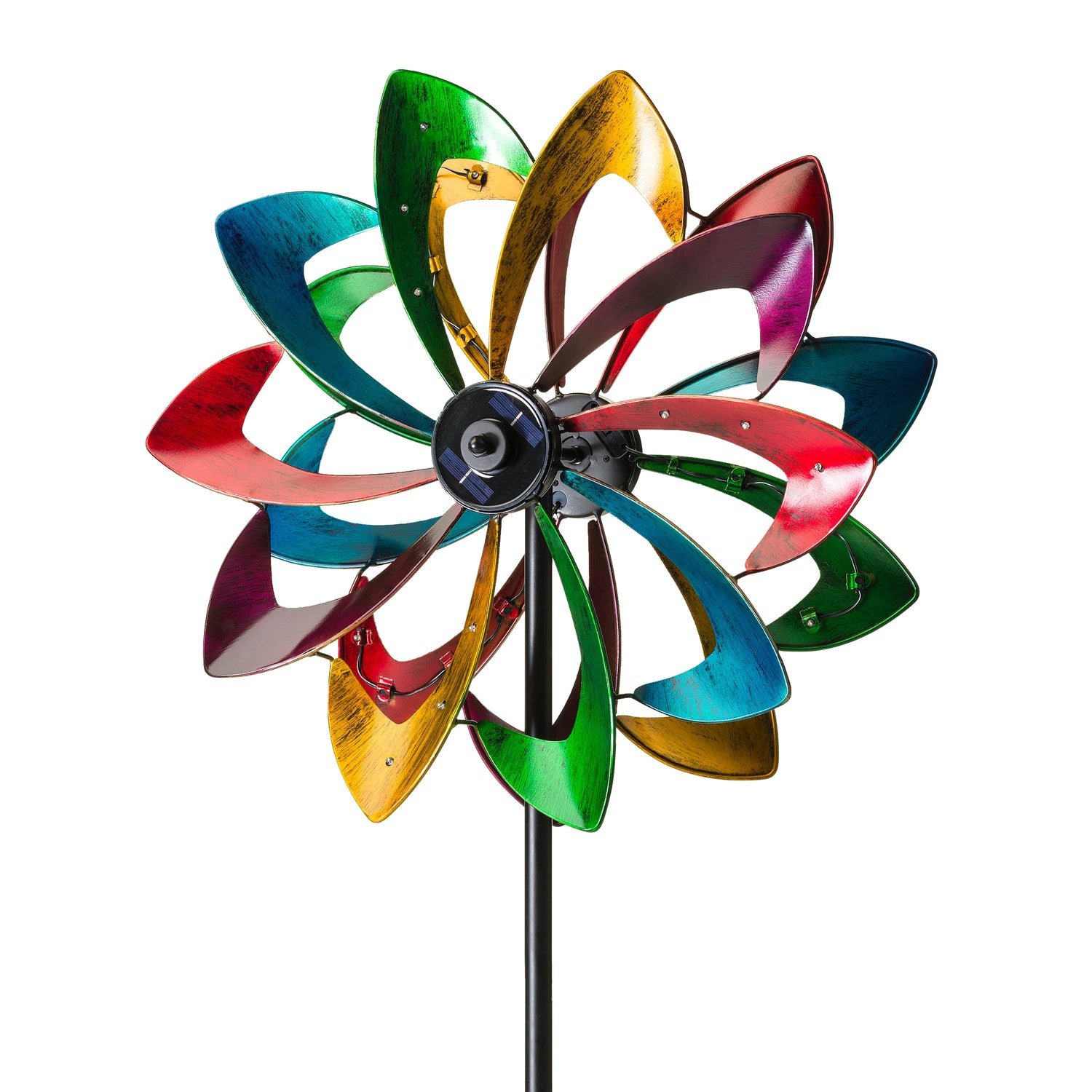 Solar Lighted LED Flower Metal Wind Spinner with Bi-Direction Rotors - Image 4