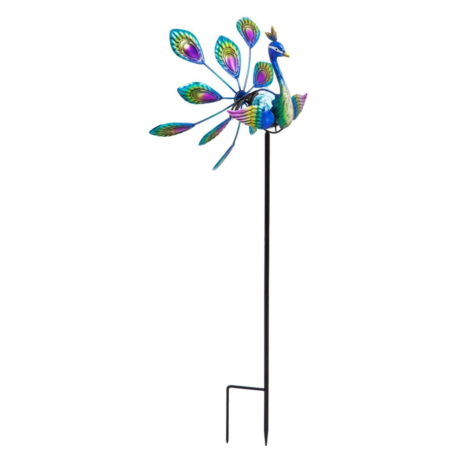 Palm Beach Wind Spinner, Solar Staked Peacock Staked Wind Spinner, 37"H - Image 4