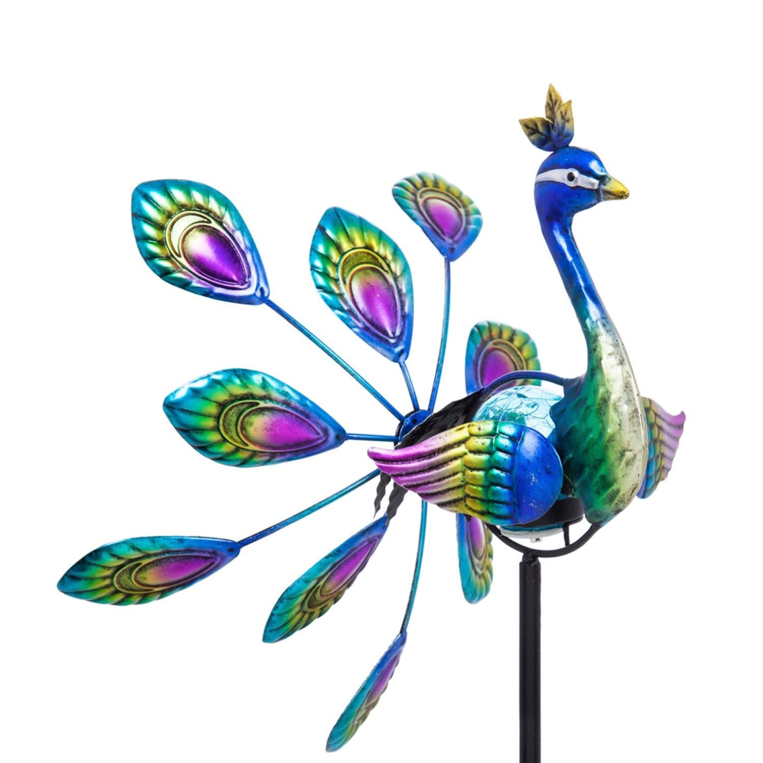 Palm Beach Wind Spinner, Solar Staked Peacock Staked Wind Spinner, 37"H - Image 6