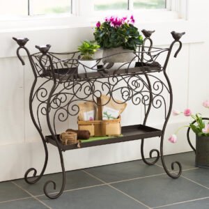 Two-Tiered Cast Iron Plant Stand with Birds