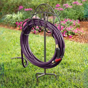 Wrought Iron Hose Holder with Ground Stake, Gunmetal